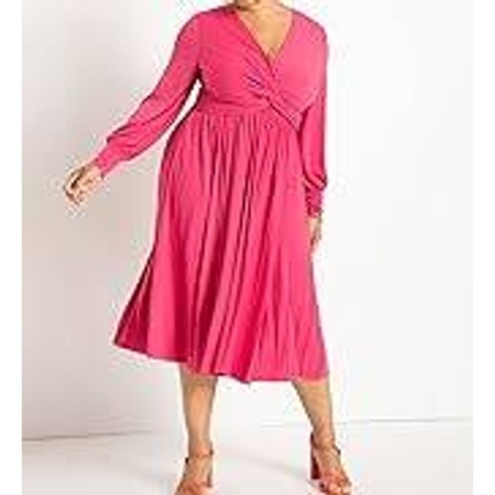 ELOQUII Knot Front Twist Bodice Pleated Midi Dress Fuchsia‎ Pink Plus Size 24